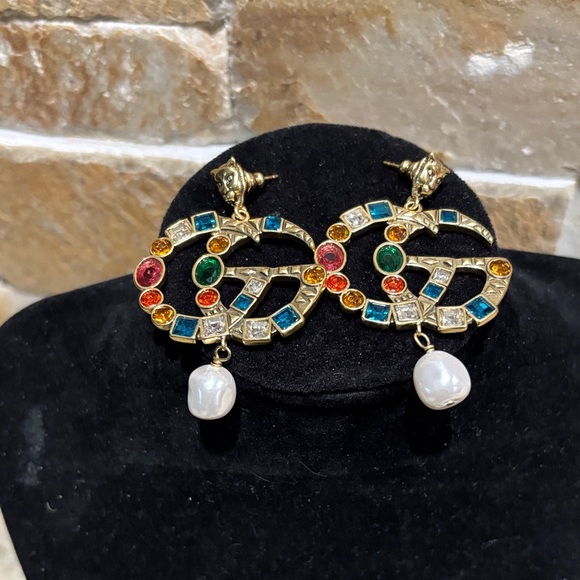 GORGEOUS Large Gucci GG Gemstone Earrings with Pearl Drop - Picture 1 of 6